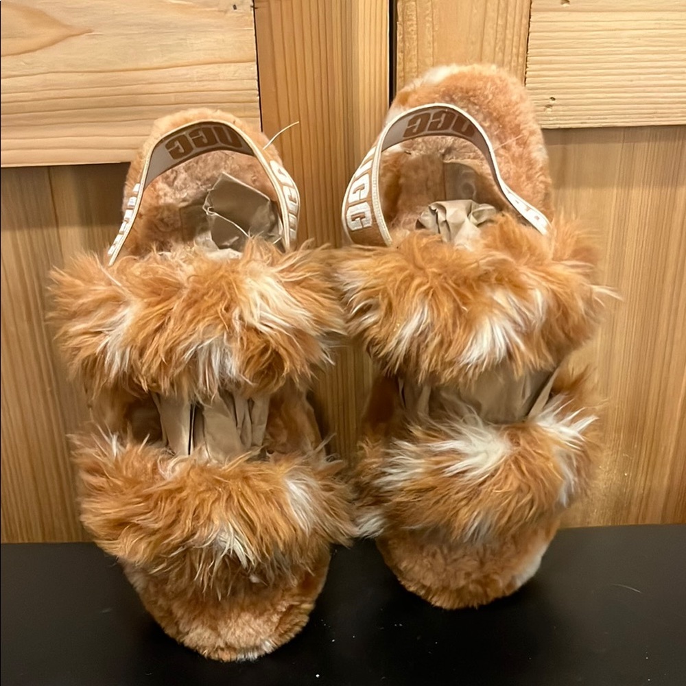 UGG Tan and White Fluffy Slippers